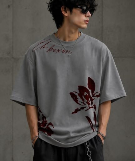 URBEXON Floral Oversized Tee — Ash Grey