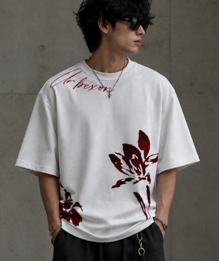 URBEXON Floral Oversized Tee — White